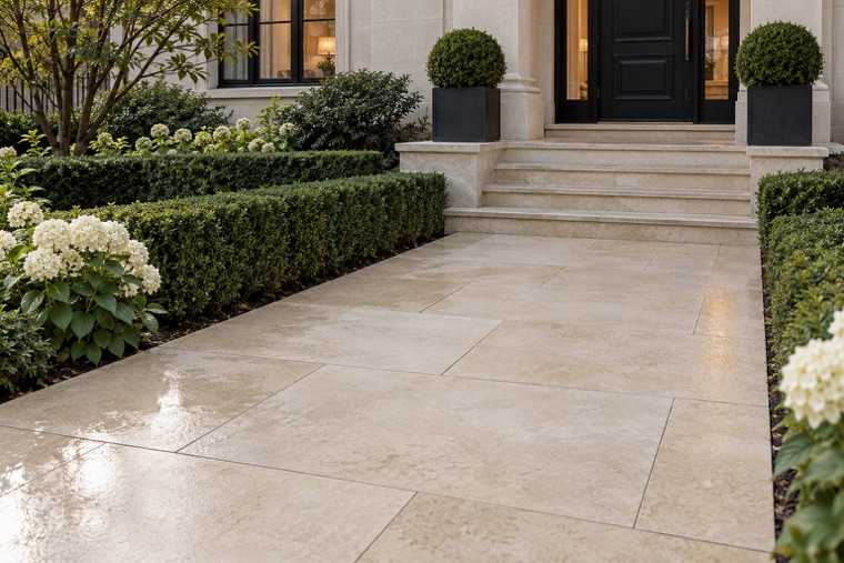Ivory Paver Townhouse Walkway After Rain