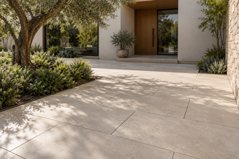 Ivory Porcelain Pavers by a Sculptural Tree