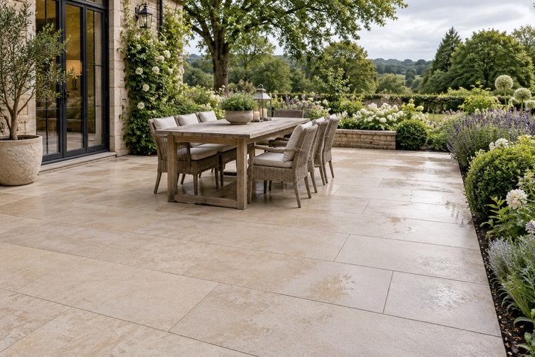 Ivory paver dining patio after rain
