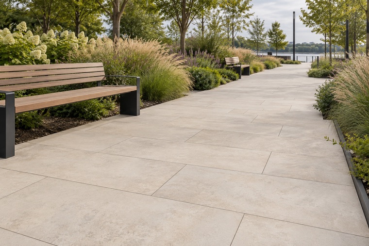 Ivory paver path through park grasses