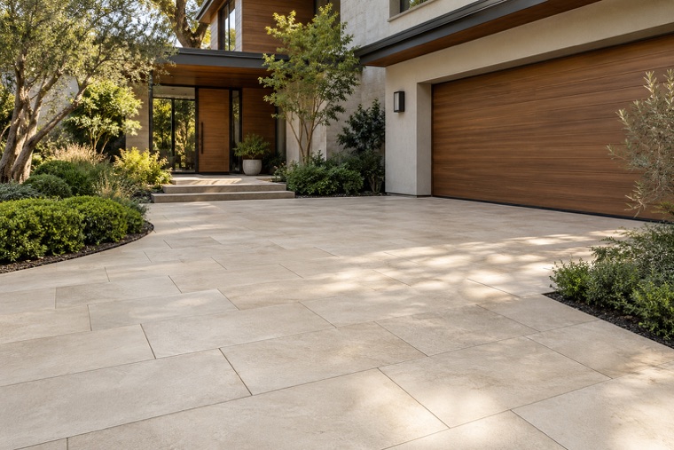 Ivory porcelain driveway at a modern home