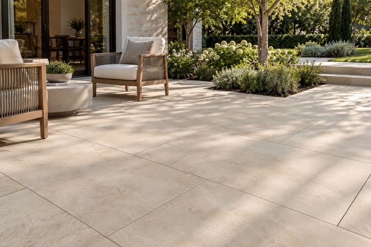 Ivory porcelain terrace in dappled light