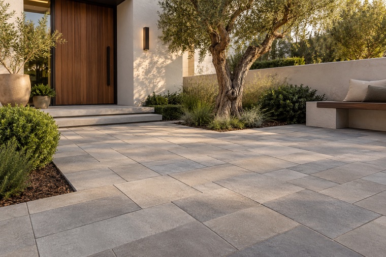 Minimalist courtyard with ashlar concrete pavers