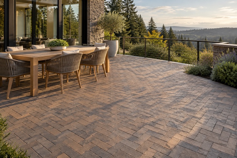 Modern Hillside Terrace with Clay Pavers