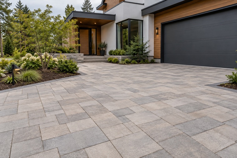 Modern home with ashlar paver driveway