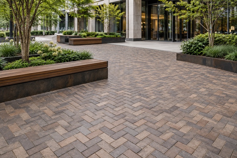 Modern office plaza with earthy pavers