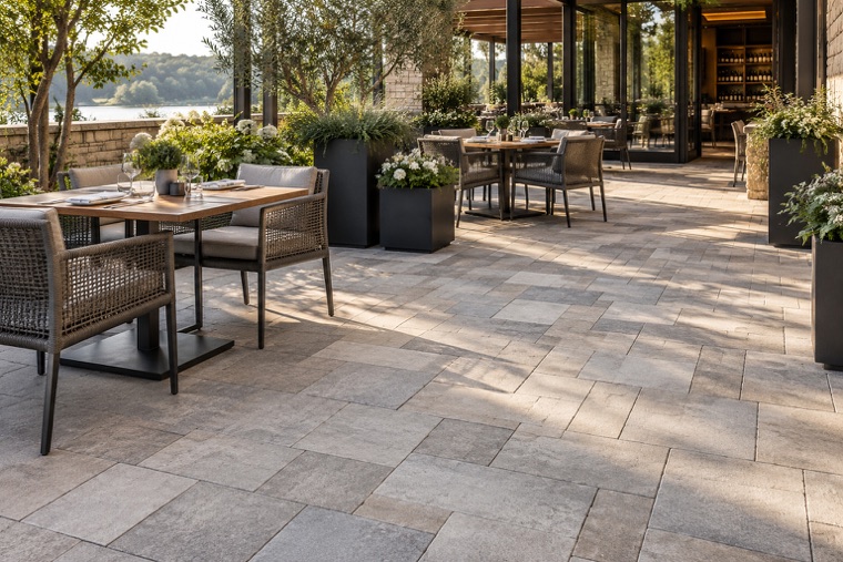 Modern restaurant terrace with ash-gray pavers