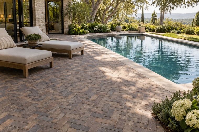Modern villa pool terrace in herringbone pavers