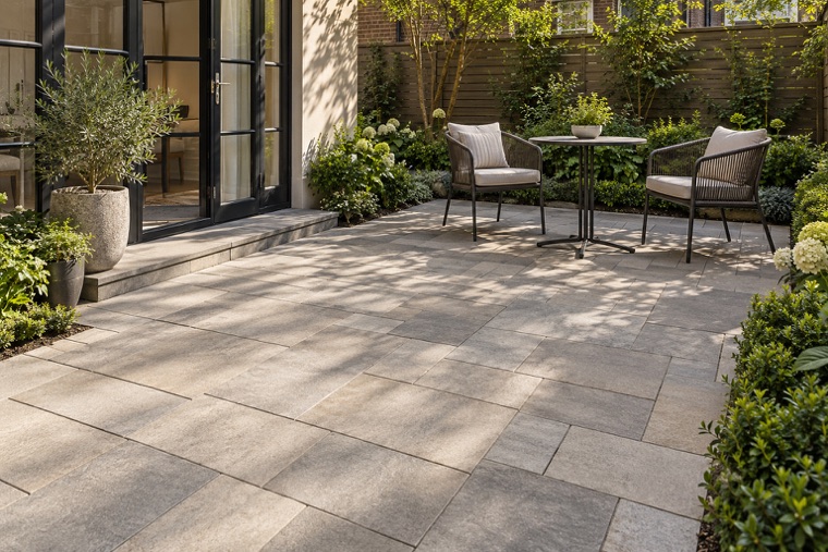 Morning courtyard with ashlar pavers