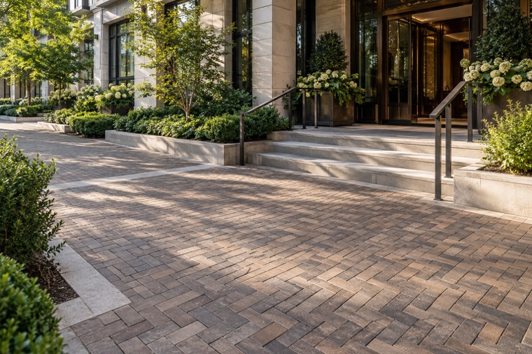 Morning-lit luxury apartment paver promenade