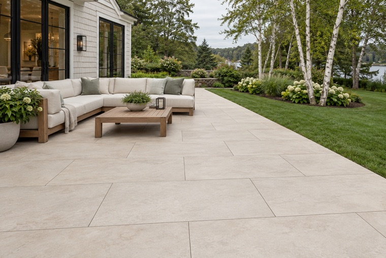 New England patio with ivory pavers