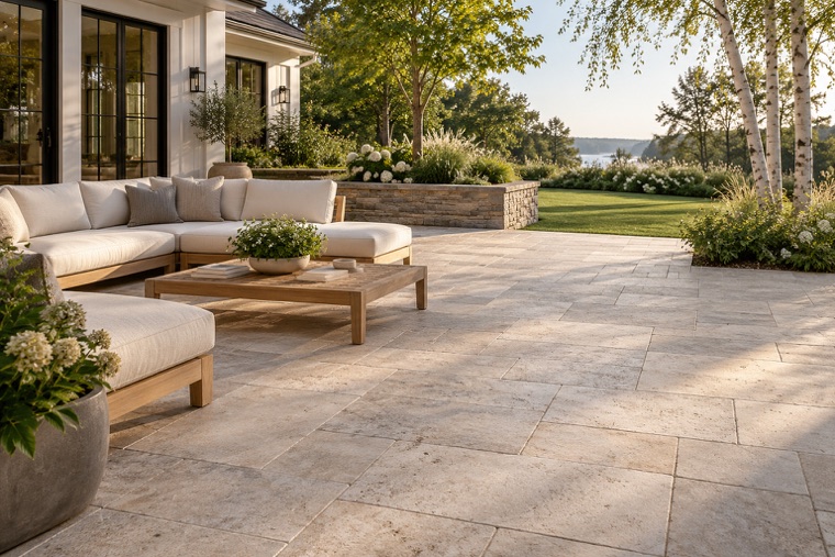 New England travertine patio with birch trees