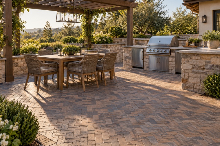 Pergola Patio with Herringbone Clay Pavers