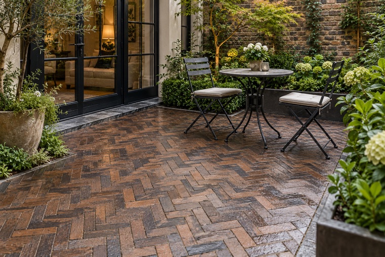 Rain-Kissed Courtyard Herringbone Pavers
