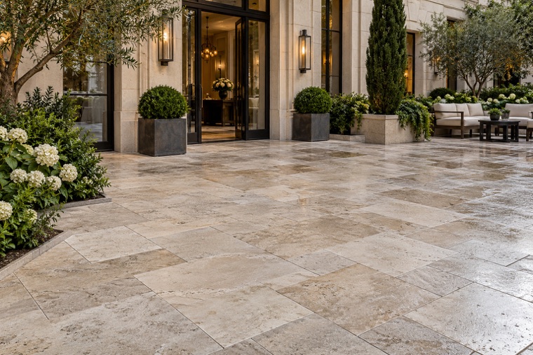 Rain-Kissed Travertine Hotel Forecourt