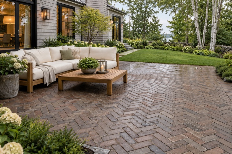 Rain-kissed New England paver patio