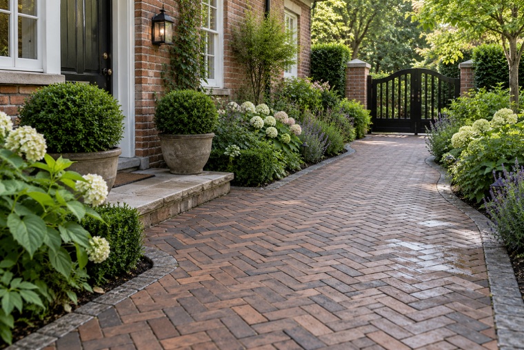Rain-kissed brick path to black gate