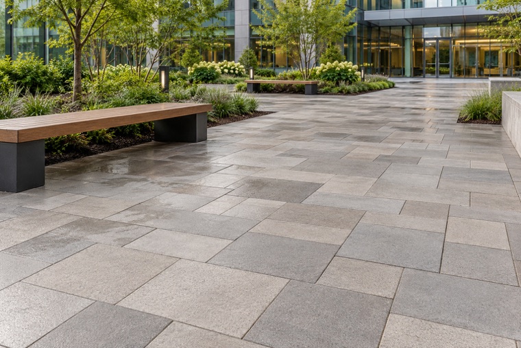 Rain-kissed office plaza pavers