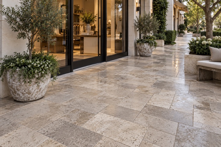 Rain-kissed travertine storefront apron