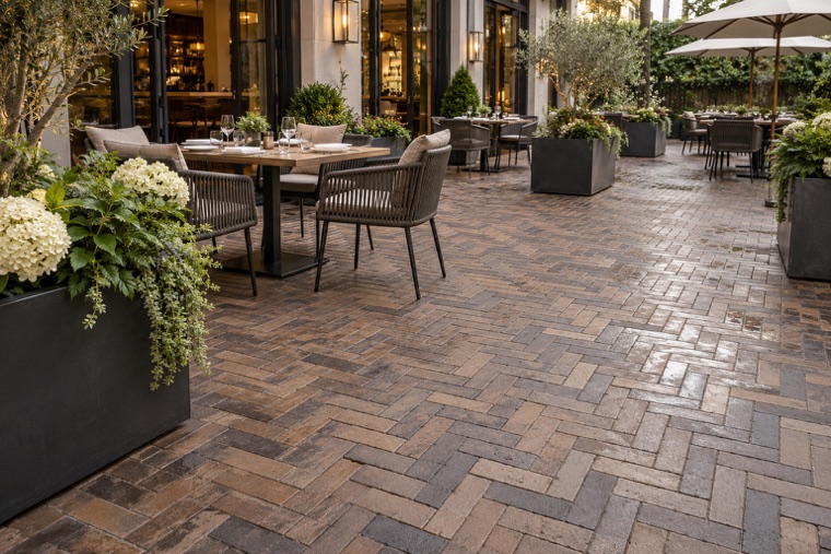 Rainwashed restaurant terrace with herringbone pavers