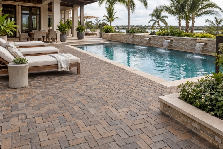 Resort pool terrace with clay brick pavers