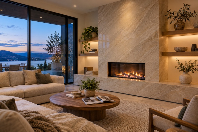 Living room with a full-height porcelain slab fireplace wall