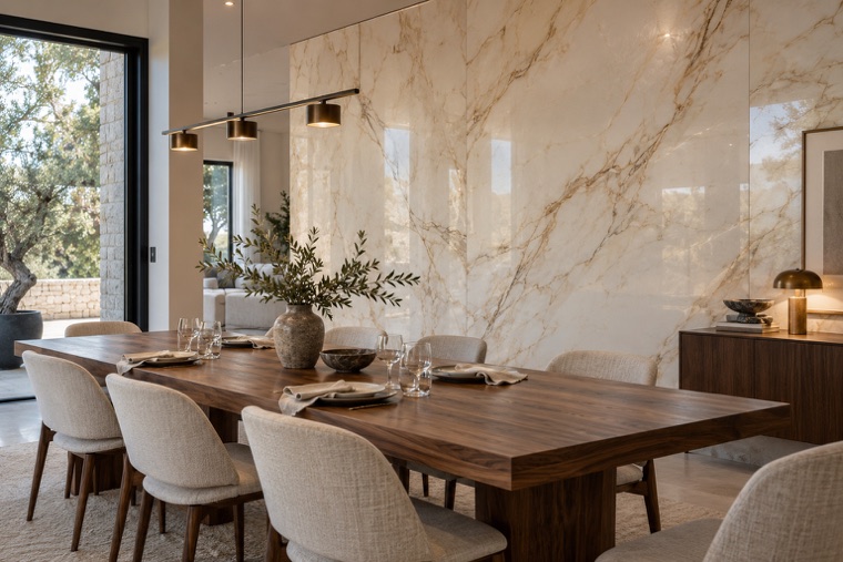 Dining room with a book-matched porcelain slab wall