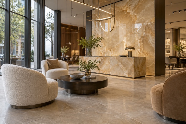 Lounge with a warm marble-look porcelain slab wall