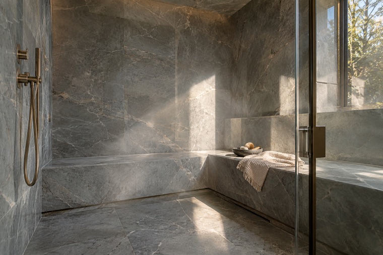 Steam shower lined in grey stone-look porcelain slabs