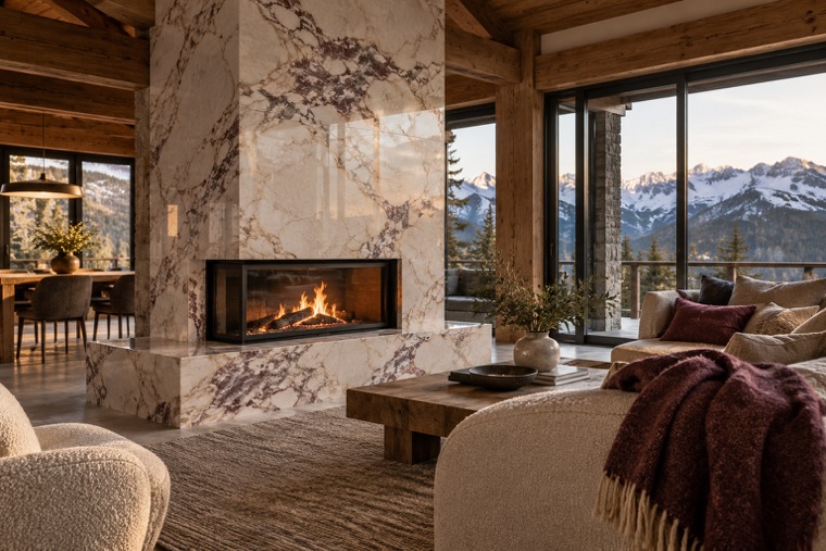 Living room with a violet-veined porcelain slab fireplace