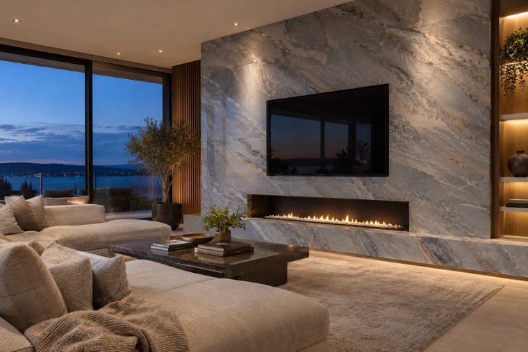 Living room media wall in grey porcelain slab