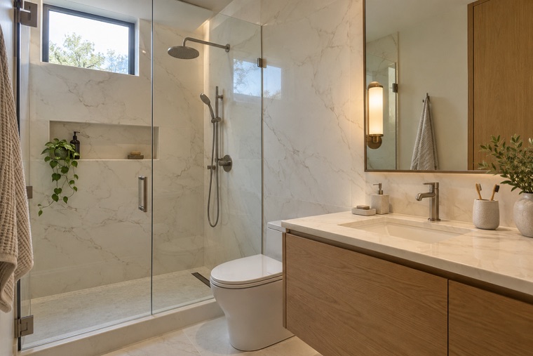 Bathroom with porcelain slab shower walls