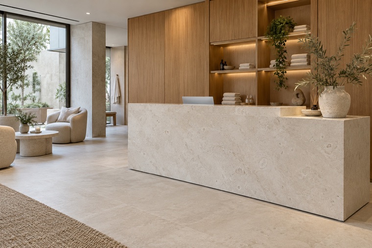 Lobby counter clad in pale porcelain slab