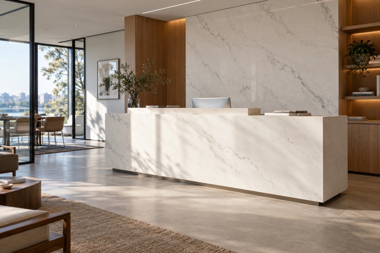 White porcelain slab counter in a bright room