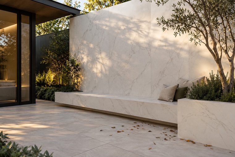 Garden wall clad in large-format porcelain slab