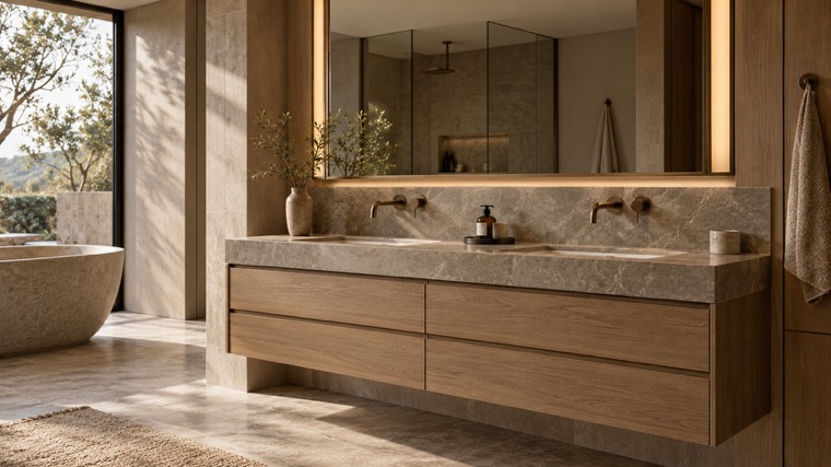 Floating oak vanity with a stone top and lit mirror