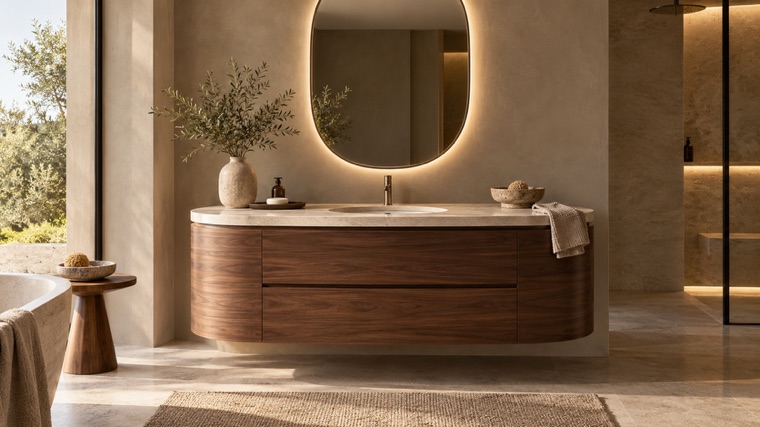 Curved walnut vanity under an arched mirror