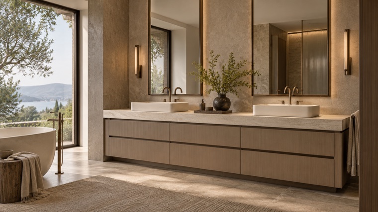 Double vanity in taupe lacquer with stone top
