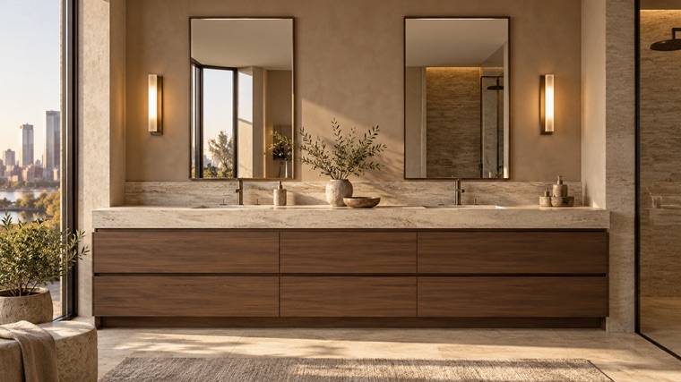 Walnut double vanity with stone top