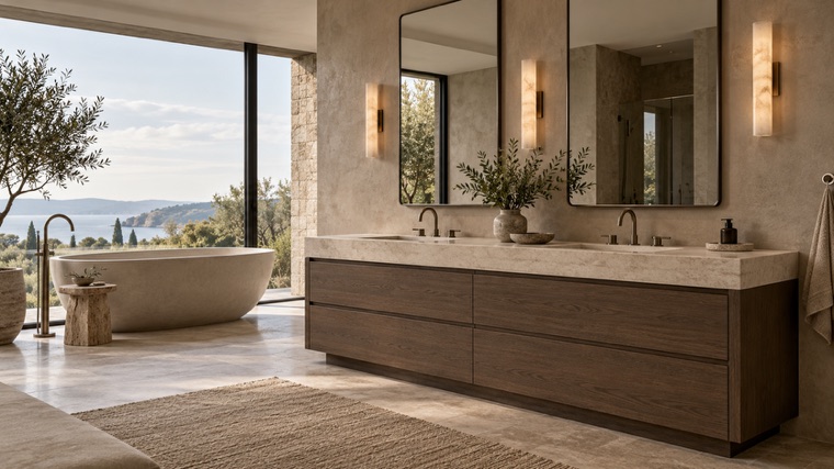 Dark walnut vanity beside a freestanding tub