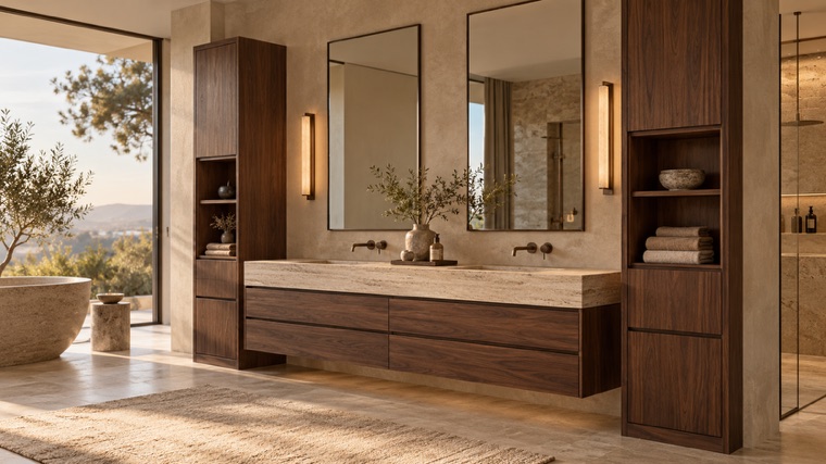 Walnut vanity framed by tall cabinets