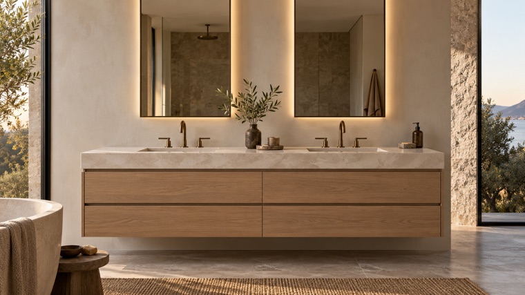 Light oak double vanity with stone top