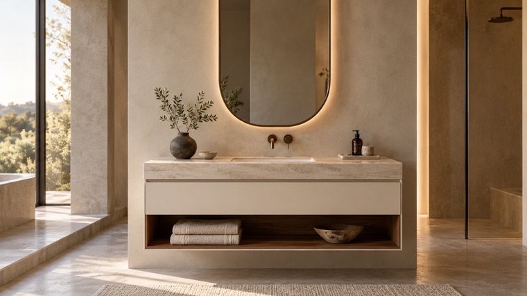 Floating vanity with an open shelf and arched mirror