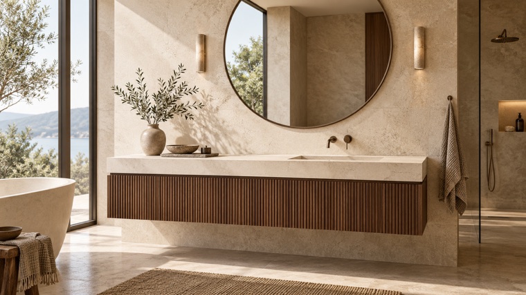 Fluted walnut vanity under a round mirror