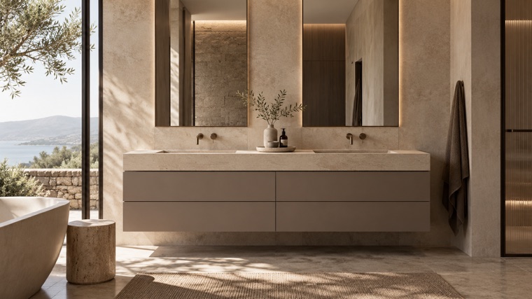 Grey floating vanity with stone top