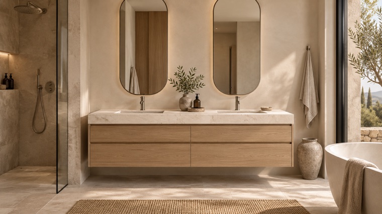 Oak vanity with twin arched mirrors