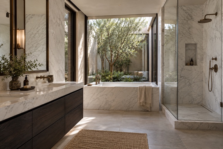 Bath with a Carrara marble vanity and walnut cabinetry