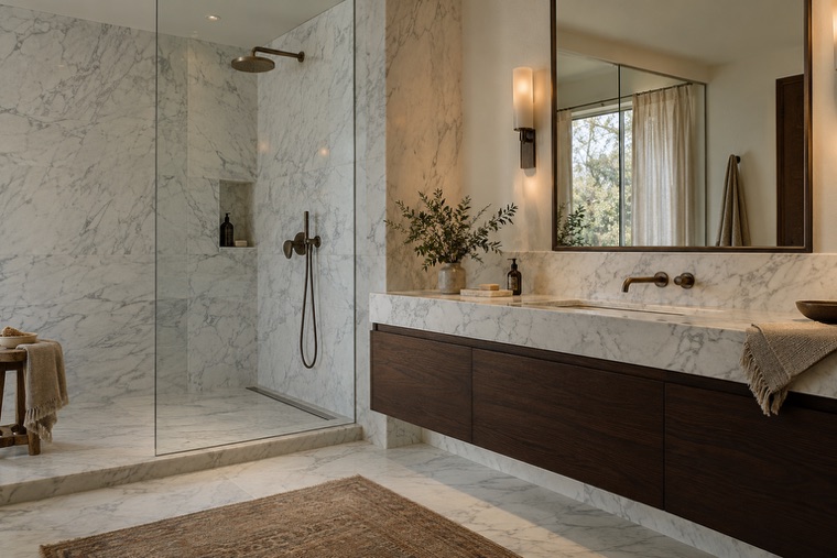 Carrara and dark walnut
