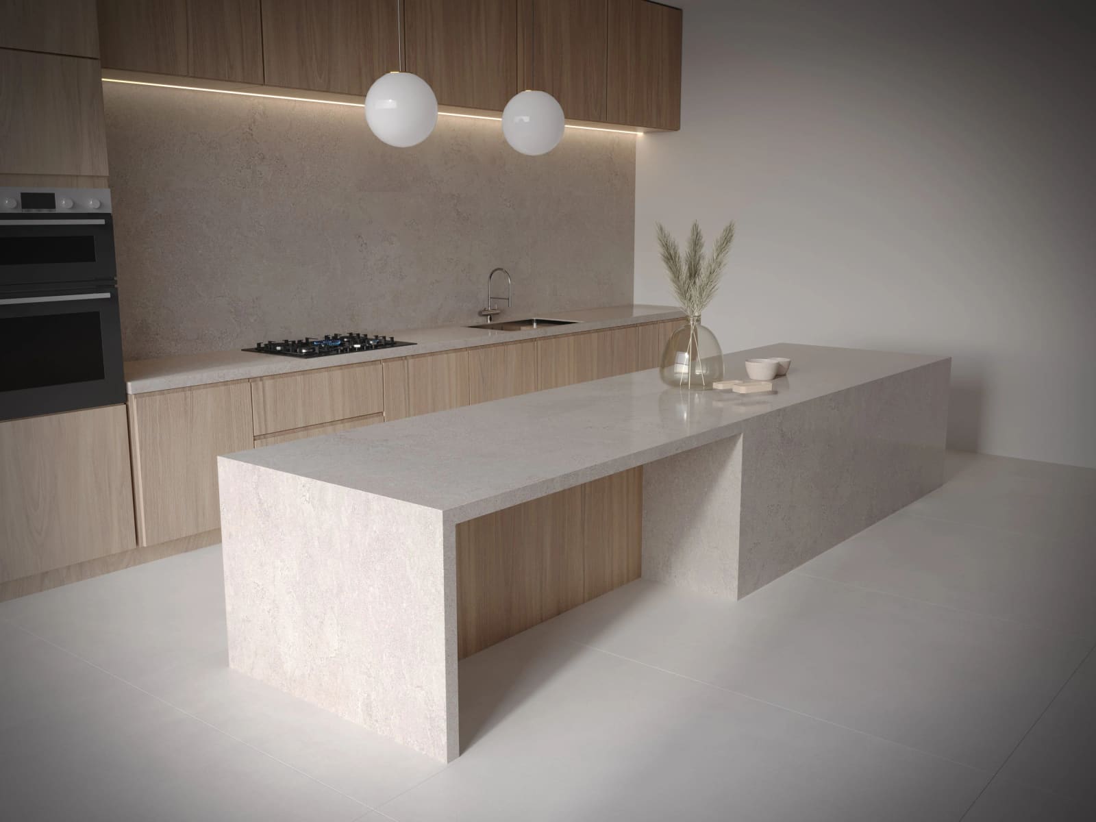 Close detail of a slab countertop edge and cabinetry