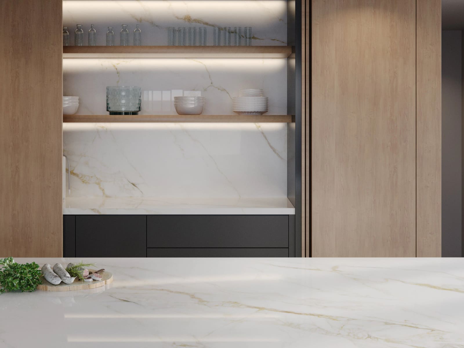 Custom kitchen island with a porcelain slab countertop